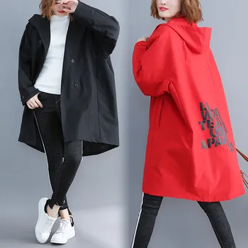 Na jar roku 2020 Väčšie veľkosti Žien Zákopy Srsti Nový kórejský Voľné Kapucňou Mid-dlhý Kabát Black Red Windbreakers Ženské Oblečenie J96