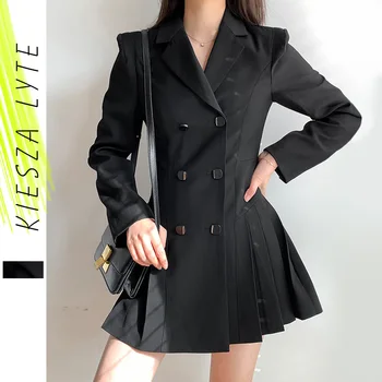 Žena Šaty Na Jar Roku 2022 Francúzsky Štýl Elegantné Dvojité Breasted Slim Skladaný Čierne Mini Šaty, Oblek Office Lady Vintage