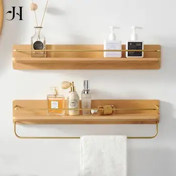 Estante de porovnanie para baño, repisa de esquina de toalla de baño de latón de haya, soporte de almacenamiento de cocina de madera