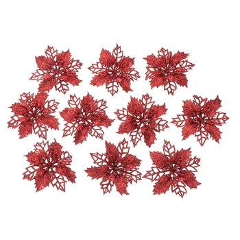 Vianočné Falošné Handričkou Vyprázdnené Kvet Umelý Lesklé Poinsettia Lesk Kvet Pre DIY Vianočný Stromček Veniec Dekor 10ps