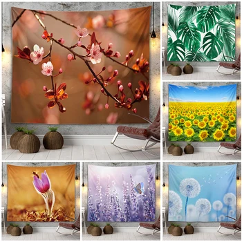 Rastlina gobelín stene visí miestnosti dekorácie listy, kvet krajiny gobelín pozadí handričkou spálňa domov minimalistický dekorácie