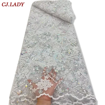 Vysoká kvalita handcut Čisto biely Afriky svadobné Textílie, čipky s kamene 5 Metrov vyšívané Swiss Voile Čipky na spoločenské Šaty A04