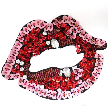 Móda Ručné úst drahokamu korálkové škvrny na oblečení DIY šiť na patch vyšívané nášivka pery flitrami Parches