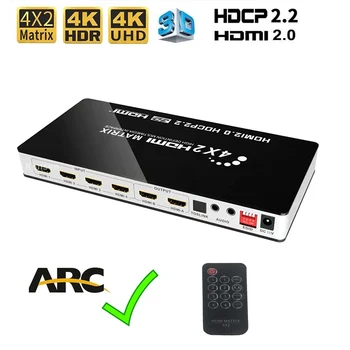 4x2 HDMI Maticový Prepínač 4 v 2 Z Matice HDMI Video Switcher Splitter + Optická & 3.5 mm Audio 4K 60Hz s IR Diaľkové Ovládanie