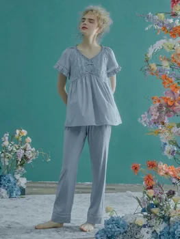 Vintage Bavlnené Pyžamá Sady Pre Ženy Lete Krátky Rukáv Nádherná Princezná Sleepwear Voľné Odev