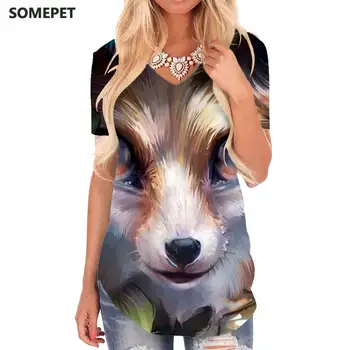 SOMEPET Fox T-shirt ženy Zvierat V-neck Tričko Graffiti Tričko Tlač Krásne Zábavné tričká Dámske Oblečenie Hip hop Tlačené